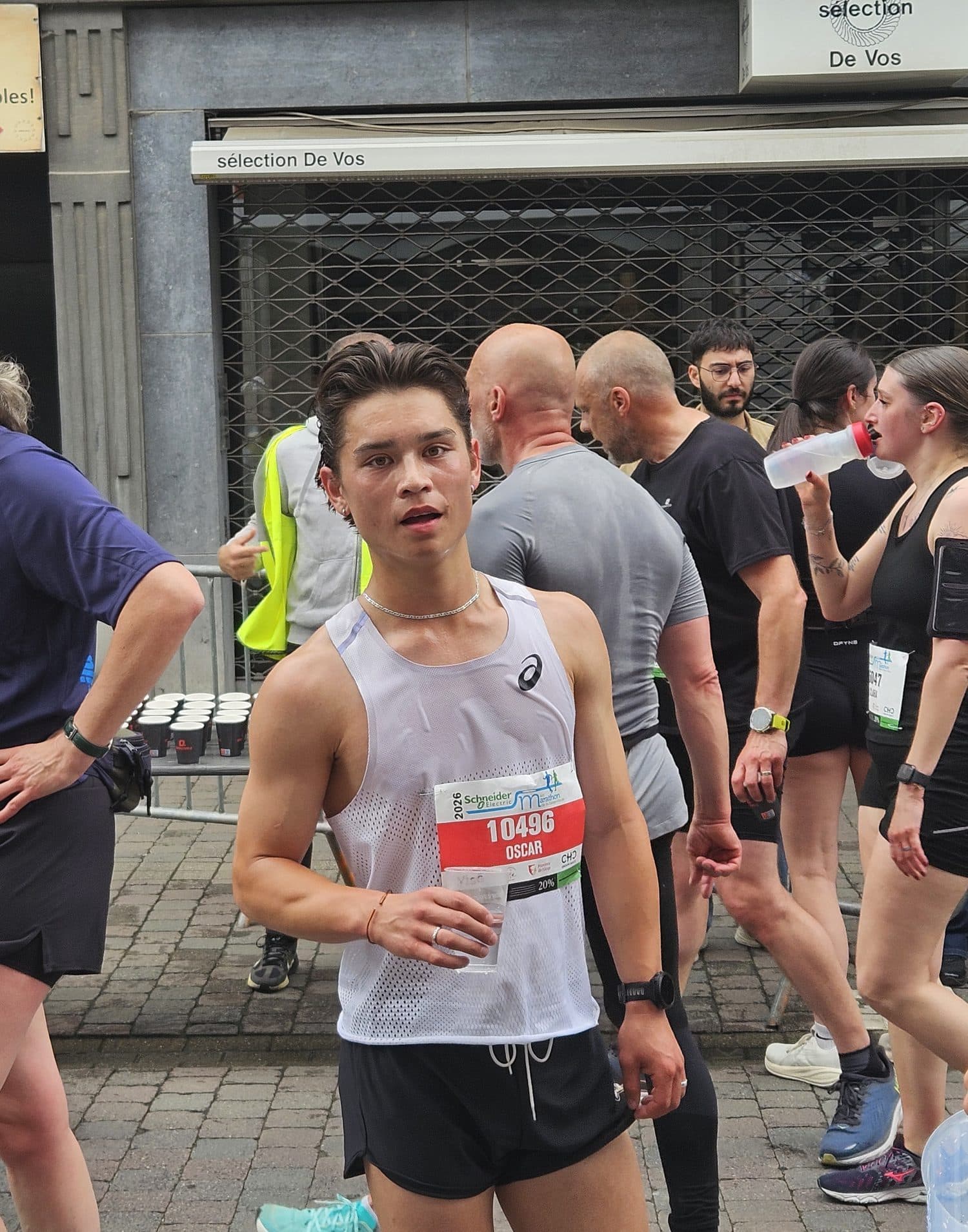 Oscar after a race, wearing his race number